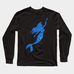 Royal Blue Faux Glitter Mermaid Silhouette Long Sleeve T-Shirt